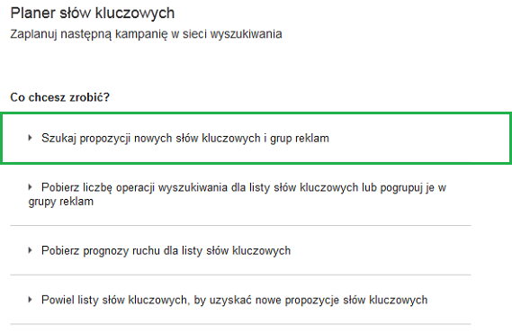 okno planera słów kluczowych