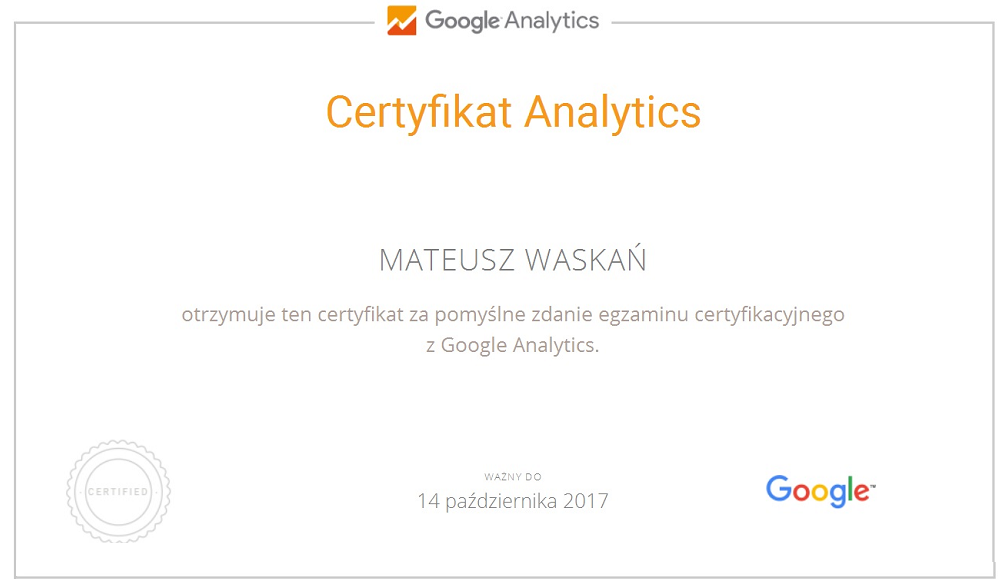 Google Analytics certyfikat