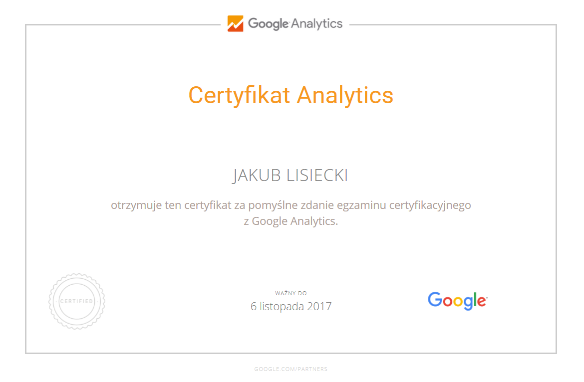 certyfikat z analyticsa