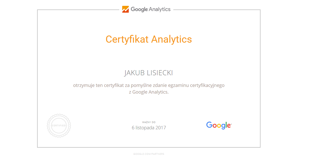 Jakub Lisiecki otrzymał certyfikat Analytics!