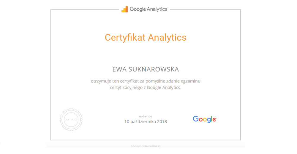 Ewa otrzymuje certyfikat z Google Analytics!