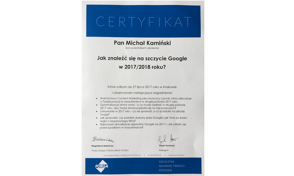 Uczestniczyliśmy w szkoleniu „Jak znaleźć się na szczycie Google w 2017/2018 roku?”