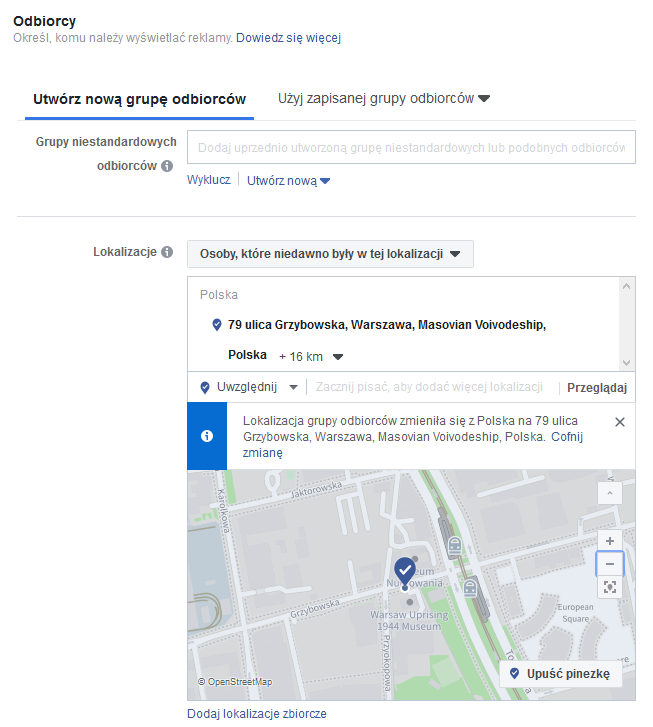 Geotargetowanie na konkretne miejsce - facebook