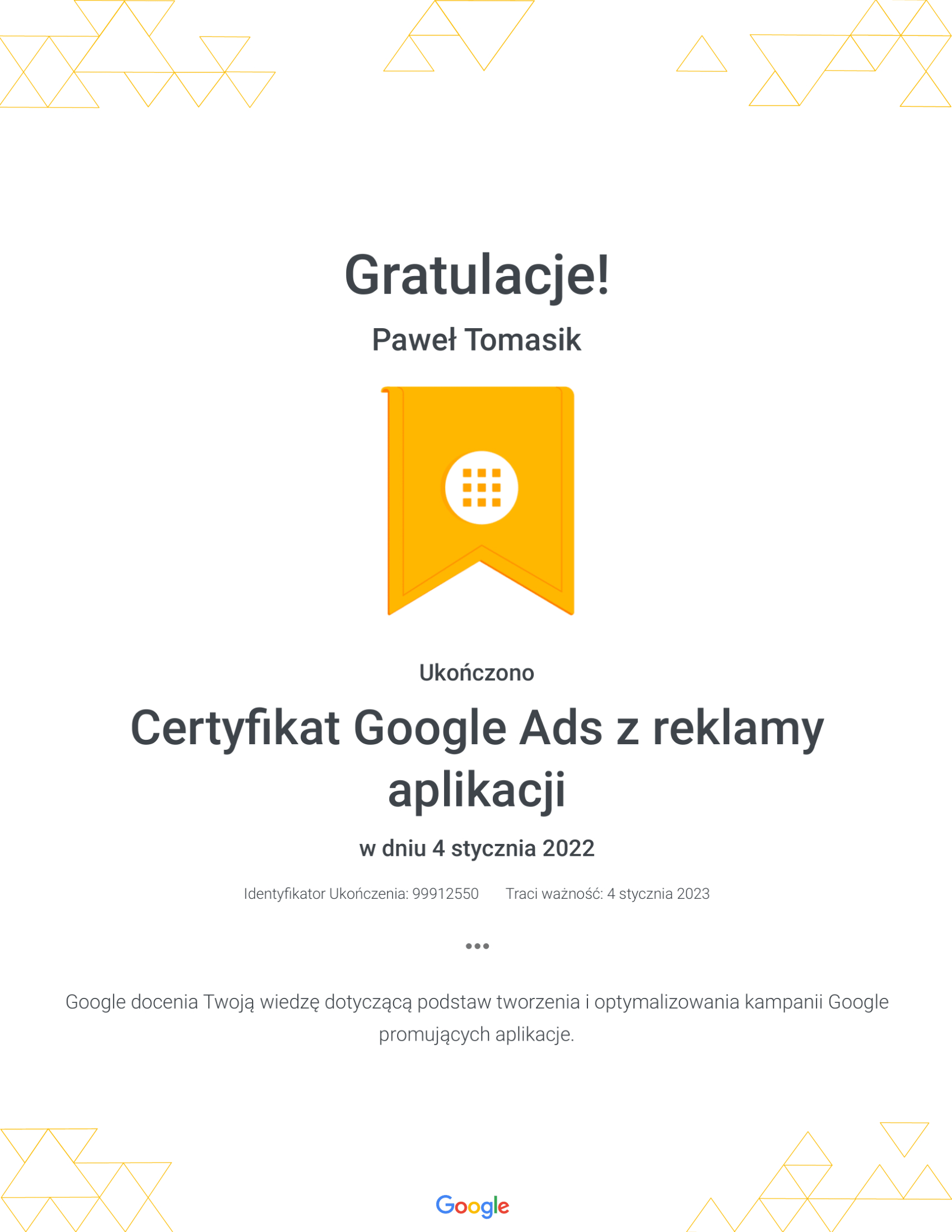 Google - Paweł Tomasik - reklamy aplikacji