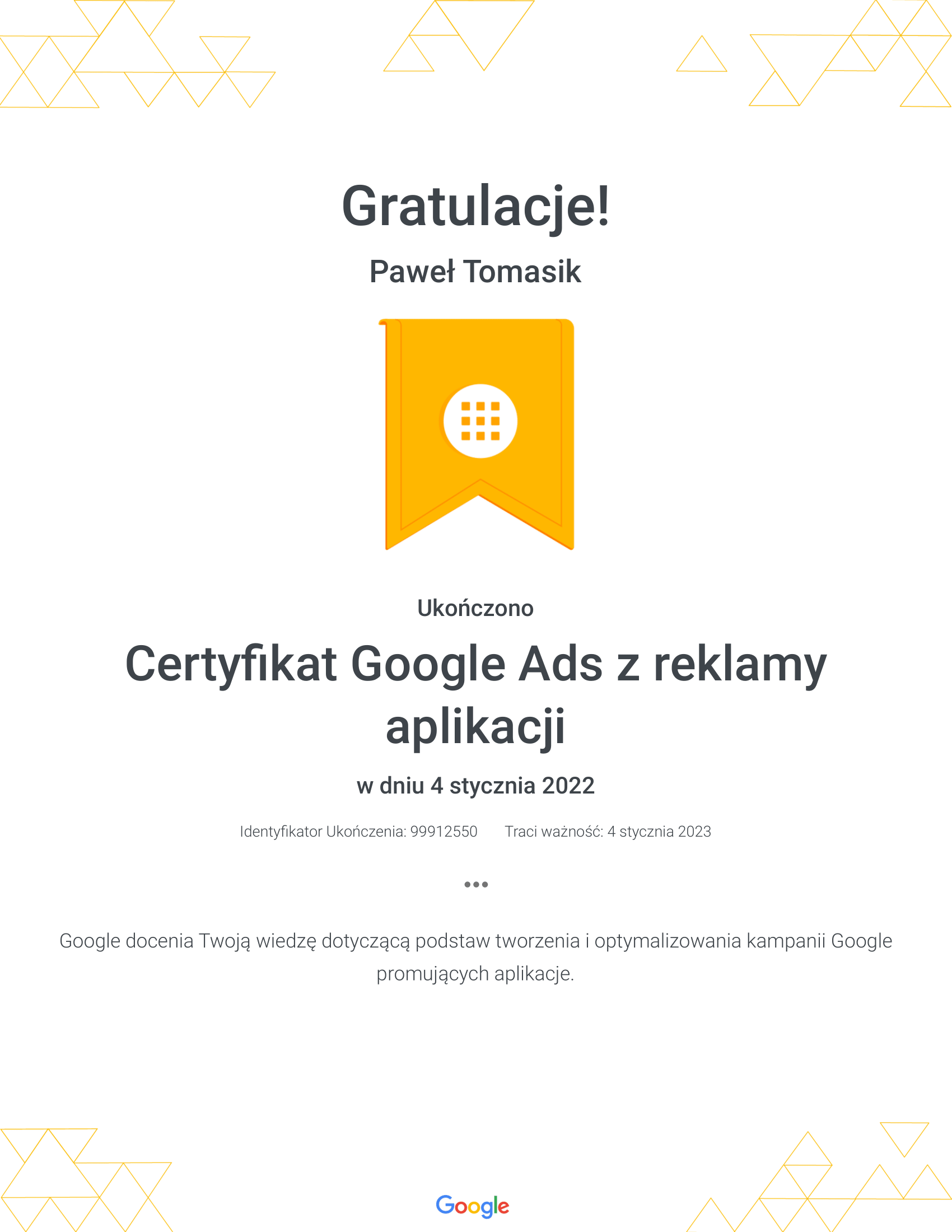 Certyfikat-Google-Ads-z-reklamy-aplikacji-Pawel-Tomasik