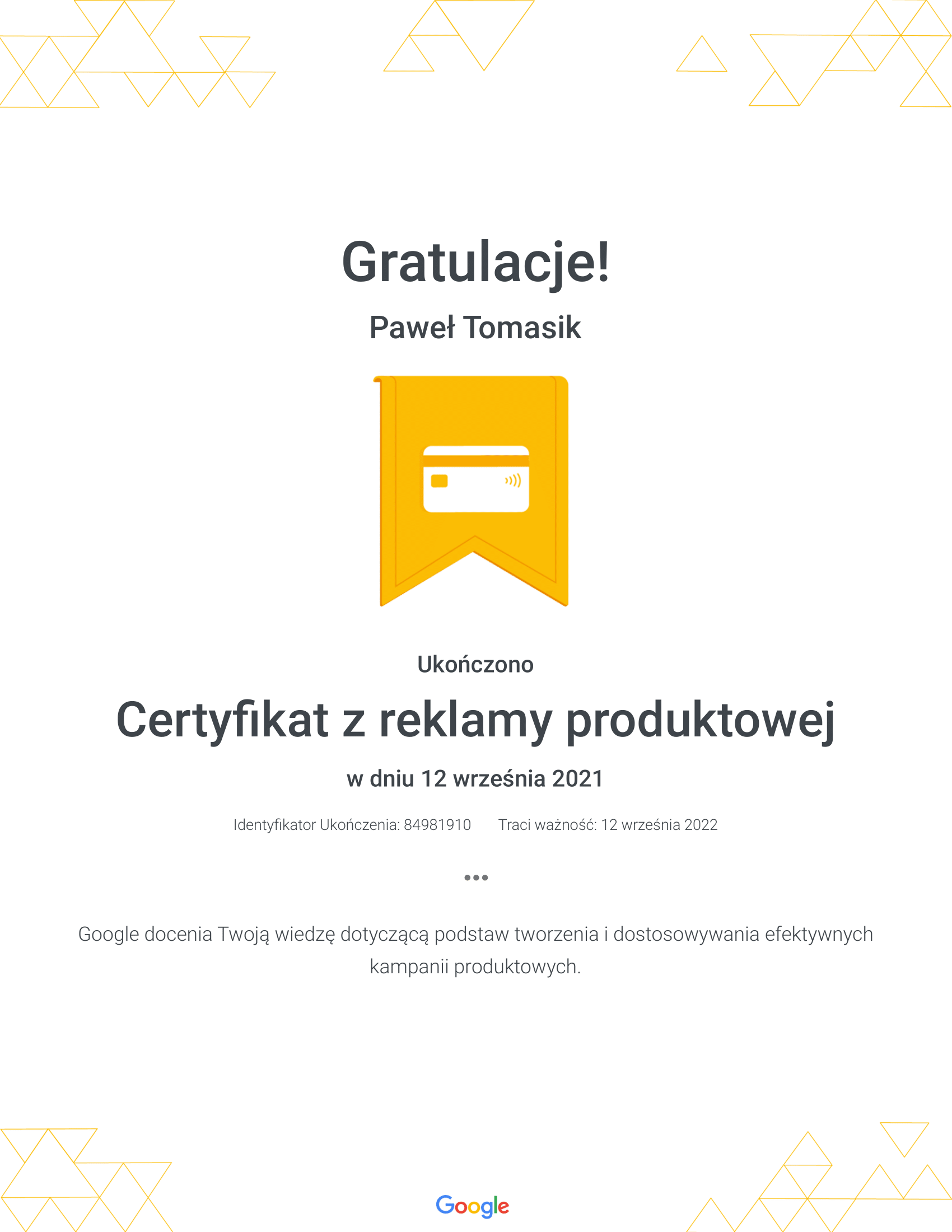 Certyfikat-Google-Ads-z-reklamy-produktowej-Pawel-Tomasik