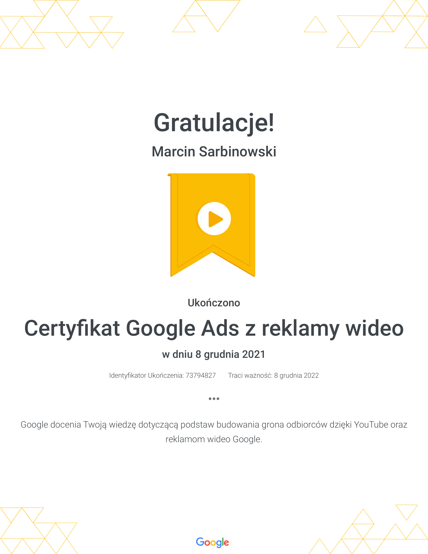 Certyfikat-Google-Ads-z-reklamy-wideo-Marcin-Sarbinowski