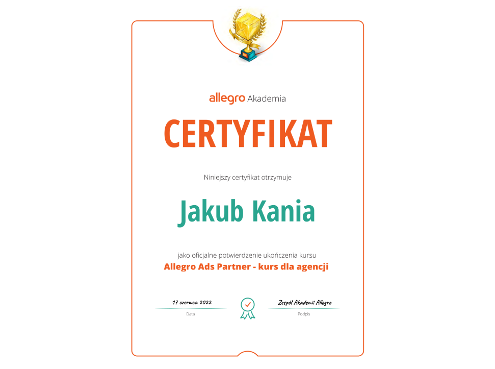 Jakub-Kania-Certyfikat-allegro-ads-partner-kurd-dla-agencji