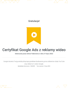 Certyfikat-Google-Ads-z-reklamy-wideo-Adrian-Federowicz