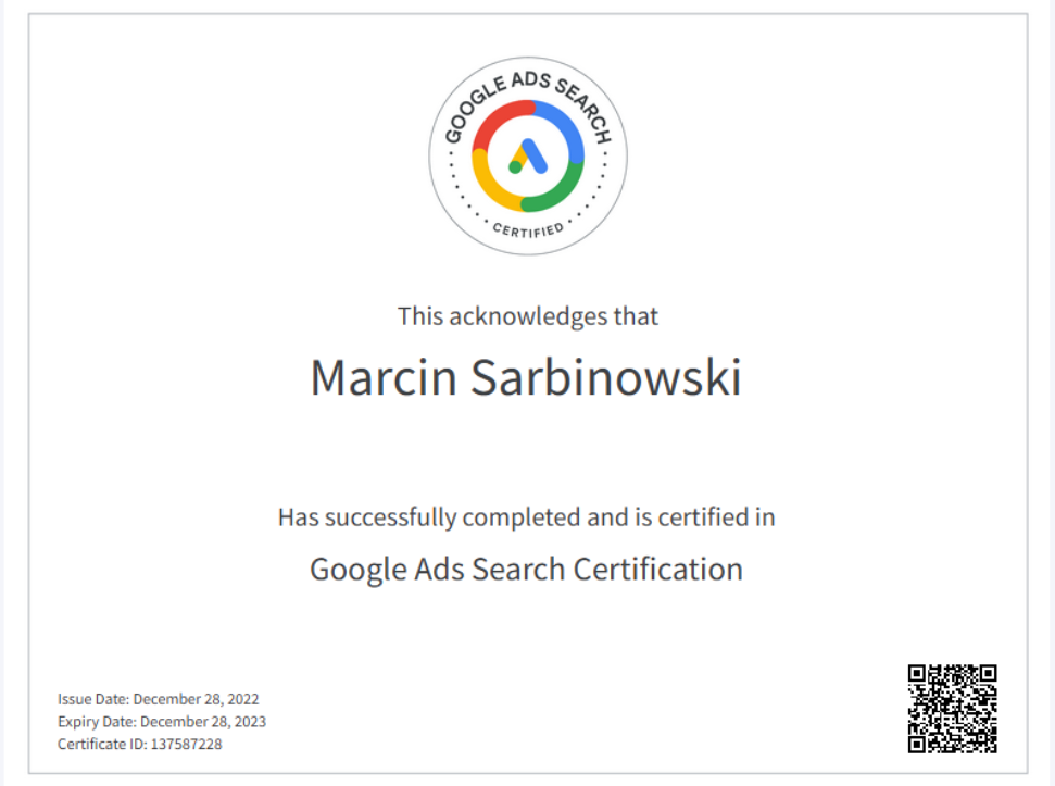 Certyfikat-Google-Ads Search Certification - Marcin Sarbinowski