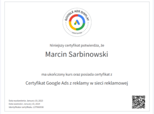 Certyfikat-Google-Ads z reklamy w sieci reklamowej - Marcin Sarbinowski