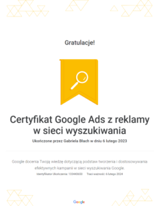 Certyfikat-Google-Ads-z-reklamy-w-sieci-wyszukiwania-Gabriela-Błach