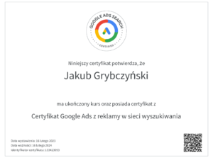 Certyfikat-Google-Ads-z-reklamy-w-sieci-wyszukiwania-Jakub-Grybczyński