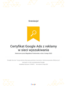 Certyfikat-Google-Ads-z-reklamy-w-sieci-wyszukiwania-Magdalena-Frankowska