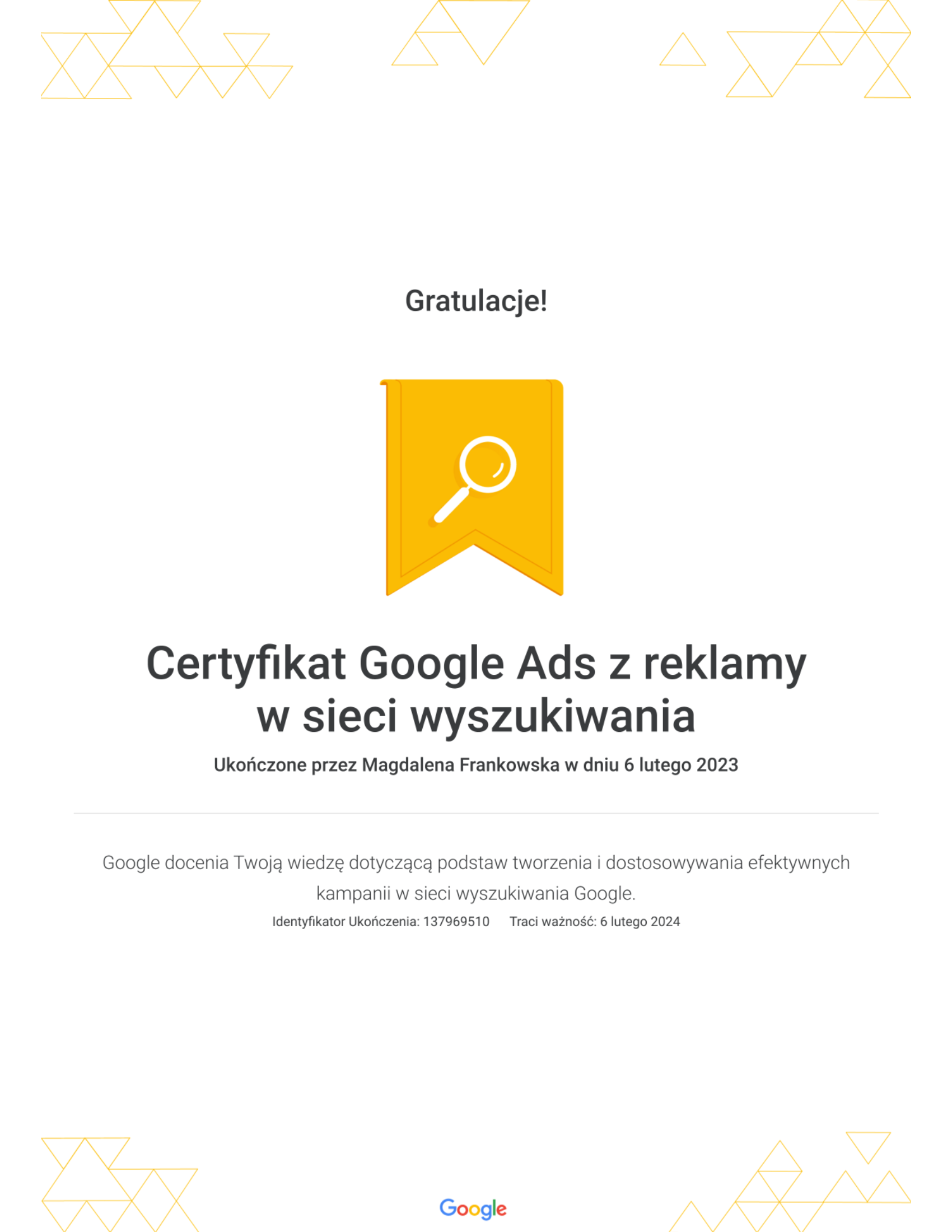 Certyfikat-Google-Ads-z-reklamy-w-sieci-wyszukiwania-Magdalena-Frankowska