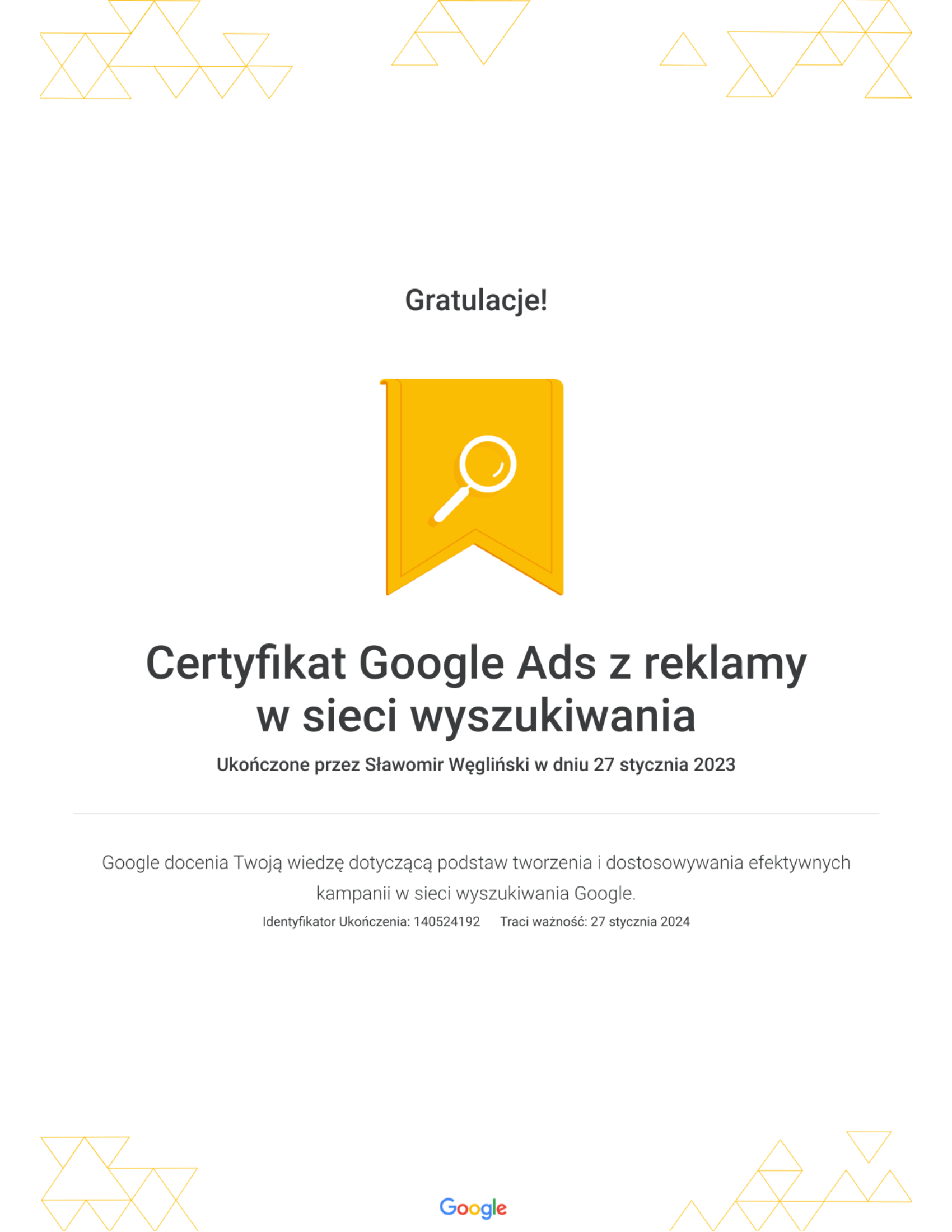 Certyfikat-Google-Ads-z-reklamy-w-sieci-wyszukiwania-Sławomir-Węgliński