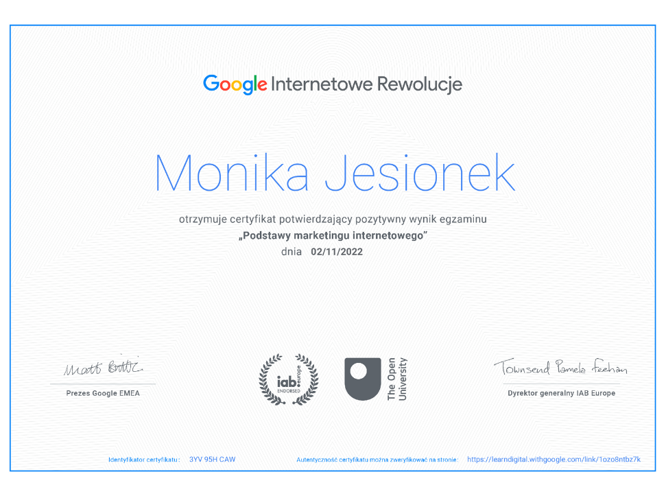 Certyfikat Google Internetowe Rewolucje - Monika Jesionek