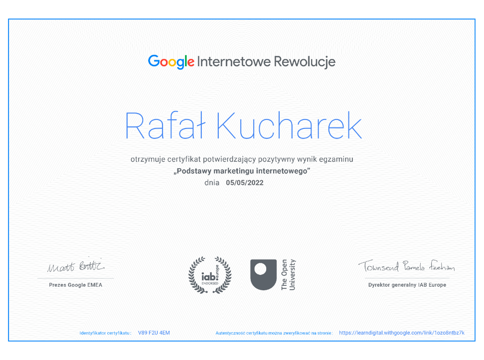 Certyfikat Google Internetowe Rewolucje - Rafał Kucharek